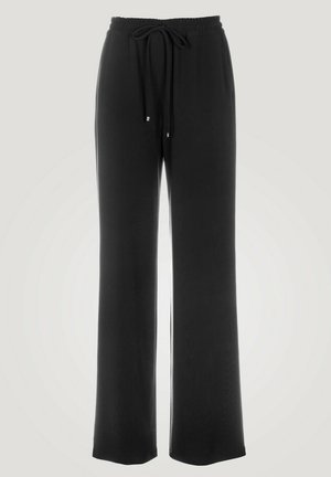 Pantaloni negri cu talie largă, din material elastic, cu șnur ajustabil. Textură netedă, lungime completă, fără modele vizibile sau buzunare.