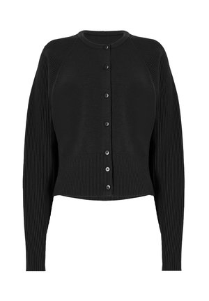 Zwart gebreid vest met een geribbelde textuur, knoopsluiting aan de voorkant en lange mouwen met een contrasterende gladde afwerking op de schouders.