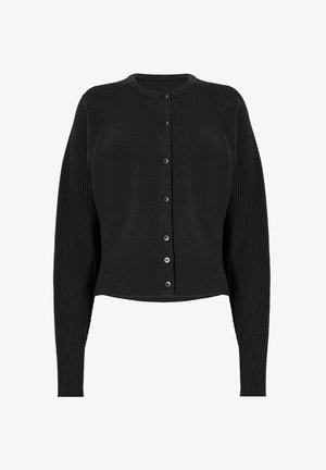 Zwart gebreid vest met een geribbelde textuur, knoopsluiting aan de voorkant en lange mouwen met een contrasterende gladde afwerking op de schouders.