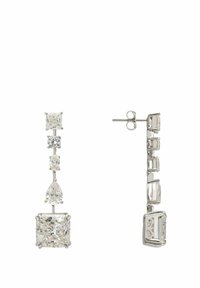 Silver dangle earrings featuring alternating clear gemstones in various shapes: square, round, pear, and rectangular, with a mix of settings.