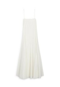 Longue robe blanche fluide à fines bretelles spaghetti et encolure droite, présentée sur un fond blanc uni.