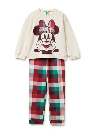 Completo pigiama per bambini composto da maglia crema a maniche lunghe con il viso sorridente di Minnie Mouse e pantaloni a quadri rossi, verdi e bianchi.