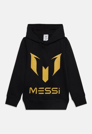 Black hooded sweatshirt with gold stylized M logo and the word "MESSI" printed below the logo on the front.