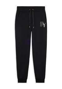 Pantalons de jogging noirs en tissu doux, avec une taille élastique et des cordons de serrage, des poches latérales et un détail de logo en strass.