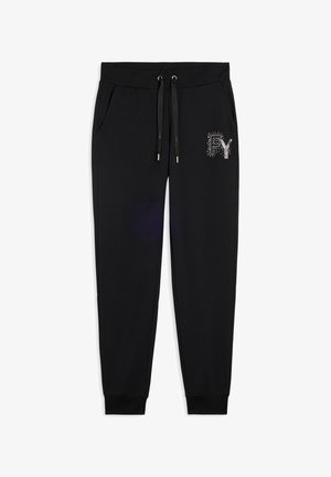 Pantaloni da jogging neri realizzati in tessuto morbido, con vita elasticizzata e lacci, tasche laterali e dettaglio del logo in strass.