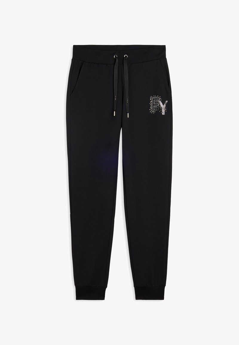 Pantalons de jogging noirs en tissu doux, avec une taille élastique et des cordons de serrage, des poches latérales et un détail de logo en strass.