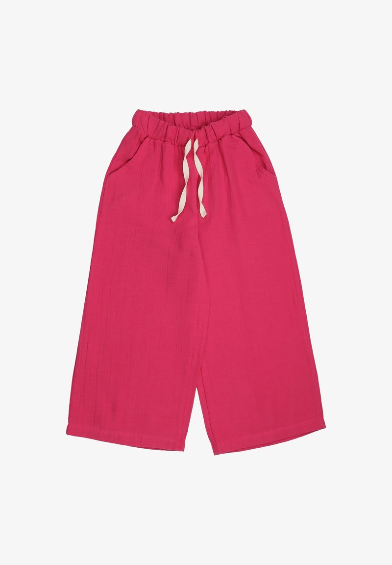 Pink wide-leg pants with an elastic waistband and drawstring. Features two side pockets and a textured fabric.