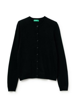 Schwarze Strickjacke aus weichem Material, mit Rundhalsausschnitt, langen Ärmeln und einer durchgehenden Knopfleiste mit passenden Knöpfen.