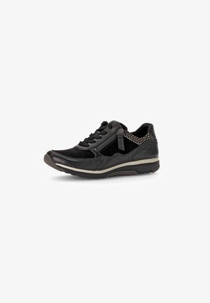 Black sneaker made of leather and suede, featuring a textured mesh accent, lace-up front, side zipper, and a cushioned sole.