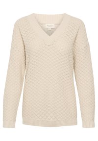 Sweter z dekoltem w serek w jasnym beżu, z teksturowanym wzorem, zakończony ściągaczami przy rękawach i u dołu. Wykonany z miękkiej przędzy dla wygody.