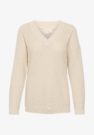 V-kaulaista neulottua villapaitaa vaaleassa beessissä, jossa on teksturoitu kuvio, ribattu hihansuut ja helma. Valmistettu pehmeästä langasta mukavuutta varten.