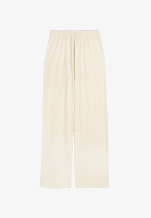 Szerokie spodnie plisowane w jasnym kremowym kolorze, z elastycznym paskiem w talii, bocznymi kieszeniami oraz gładką, miękką teksturą.