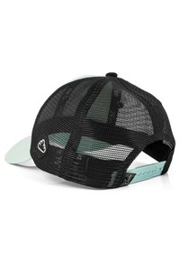 Șapcă snapback din plasă neagră, cu o vizieră și accente de culoare verde mentă deschisă. Dispune de o aplicație de logo pe spate și de o închidere ajustabilă din plastic.