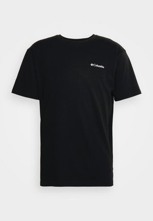 Black cotton t-shirt with short sleeves and a crew neck. Features a small white Columbia logo on the left chest. Soft texture.