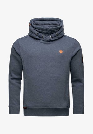 Sweat à capuche bleu foncé, fabriqué en tissu doux. Présente un large col cowl, des poignets côtelés et un petit logo orange sur la poitrine.