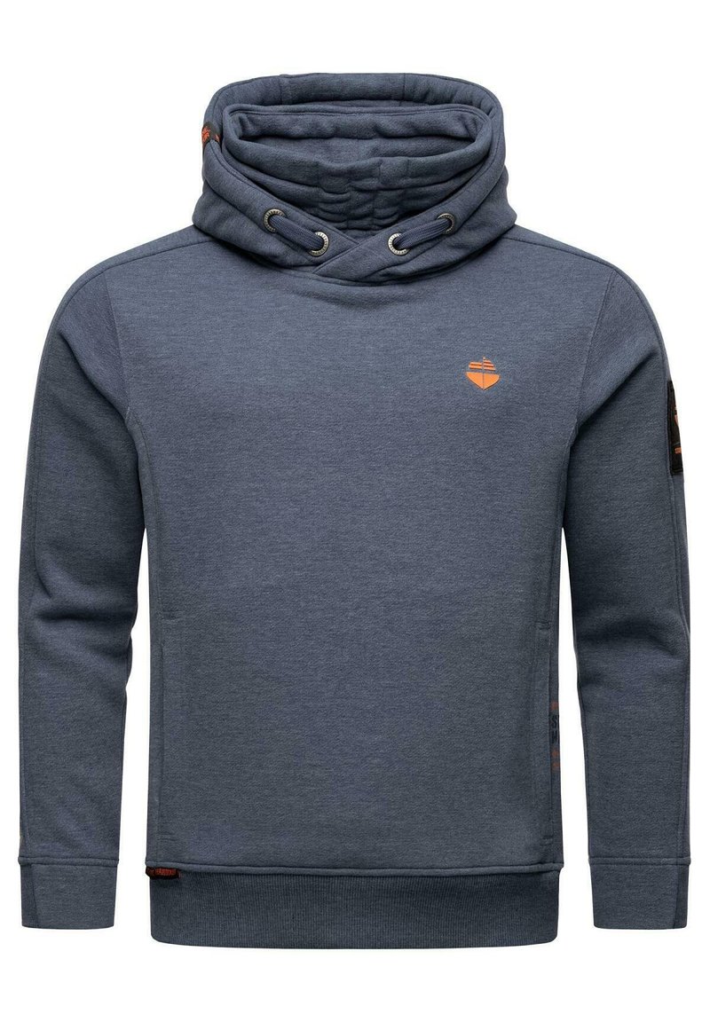 Tumši zils kapuci džemperis, izgatavots no mīkstas auduma. Tam ir liela cowl forma kakla daļa, ribotas piedurkņu maliņas un neliels oranžslogs uz krūšu.