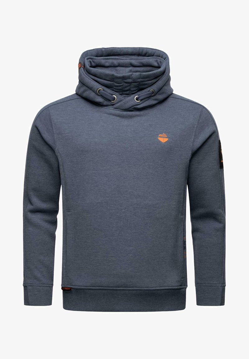 Tumši zils kapuci džemperis, izgatavots no mīkstas auduma. Tam ir liela cowl forma kakla daļa, ribotas piedurkņu maliņas un neliels oranžslogs uz krūšu.