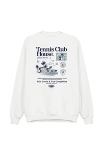 Sweatshirt branco com estampas gráficas azuis, incluindo "Tennis Club House", palmeiras e motivos de ténis. Gola redonda e punhos canelados.