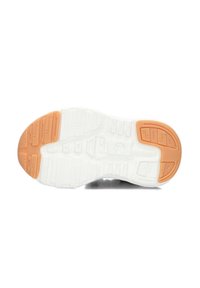 Schoenzool met een combinatie van witte en lichtoranje rubber, textuur met groeven en patronen voor verbeterde grip.