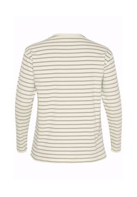 Long-sleeve shirt in cream with thin gray stripes, featuring a rounded neckline and a straight hem. Soft fabric with a smooth texture.