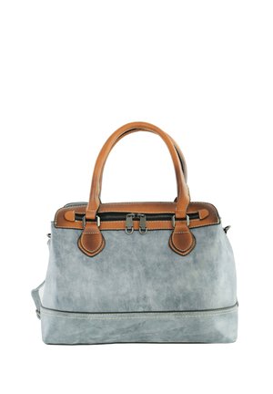 Grijze leren handtas met bruine leren handvatten en ritsdetail aan de bovenkant, tegen een witte achtergrond.