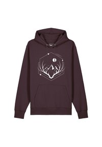 Bordeauxfarbener Hoodie mit einem weißen geometrischen Berg- und Geweih-Grafikdesign sowie himmlischen Elementen, mit Kordelzugkapuze und Fronttasche.