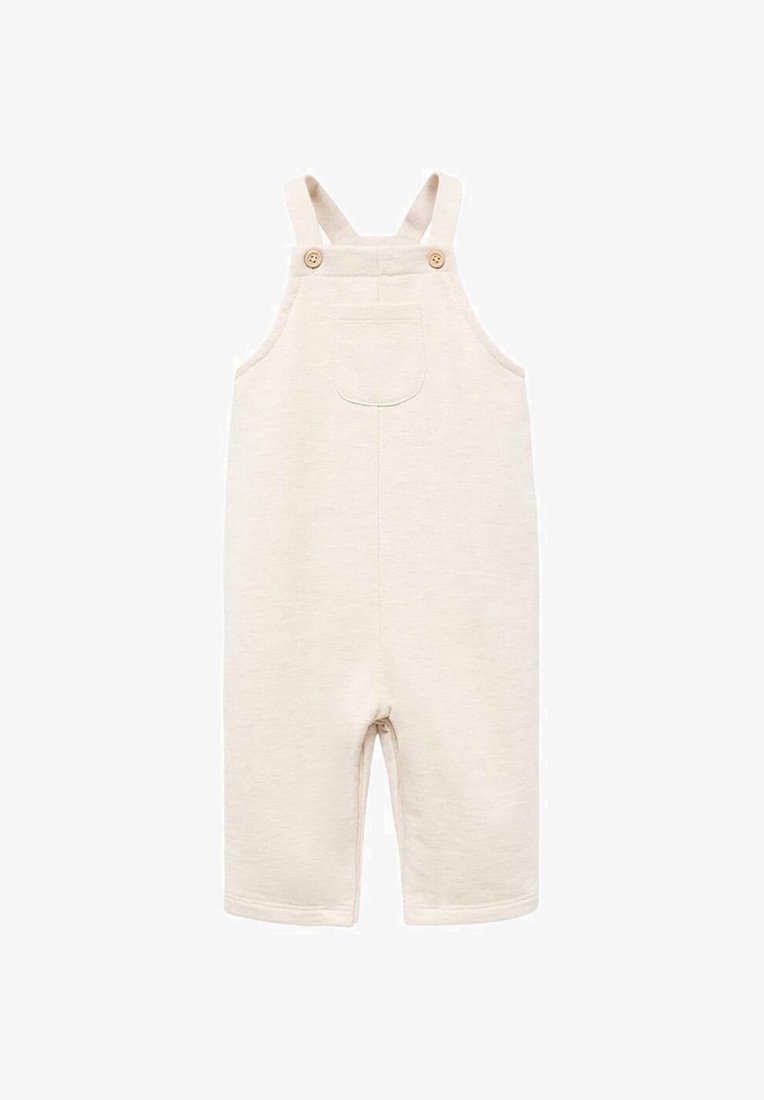 Beige Baumwolloverall mit verstellbaren Trägern, ausgestattet mit zwei Holzknöpfen und einer Taschen auf der Rückseite. Sanfte Textur, Design mit kurzen Beinen.