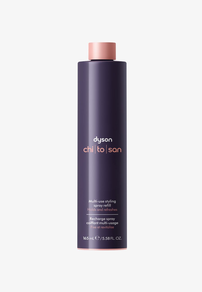Dyson ChitoSan multi-brugs styling spray påfyldningsflaske, mørkelilla med pink hætte, 165 ml, bevarer og frisker håret op.