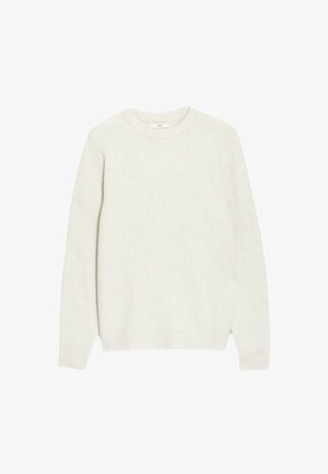 Maglione lavorato a maglia color crema con scollatura tonda, polsini e orlo a coste. Presenta un delicato motivo testurizzato su tutta la superficie.