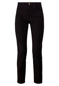 Jeans in denim nero con una vestibilità slim, caratterizzati da un classico design a cinque tasche, un bottone in metallo e una texture liscia.