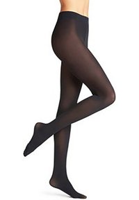 Black opaque tights with a high waistband, smooth texture, and seamless design extending from waist to ankle. Ideal for a fitted look.