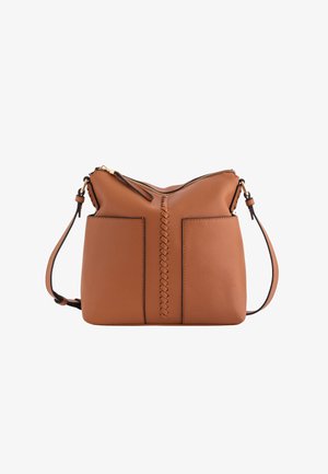 Tan leather handbag with a textured finish, featuring a braided design in the middle, dual pockets, and a zippered top. Adjustable strap included.