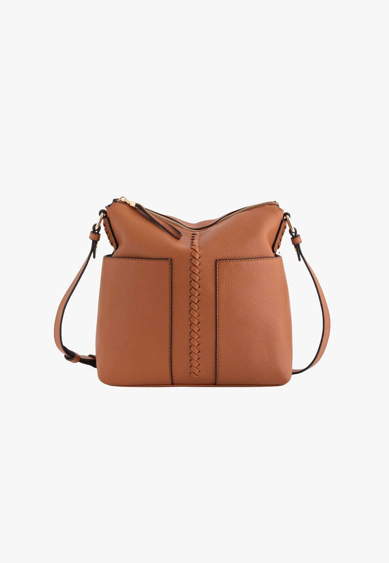 Geantă de piele maro deschis, cu o finisare texturată, având un design împletit în mijloc, două buzunare și un capac cu fermoar. Include o curea reglabilă.