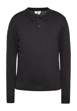 Czarny sweter polo z długim rękawem, trzema guzikami i prążkowanym dołem, rozmiar średni, wyprodukowany w Bangladeszu.