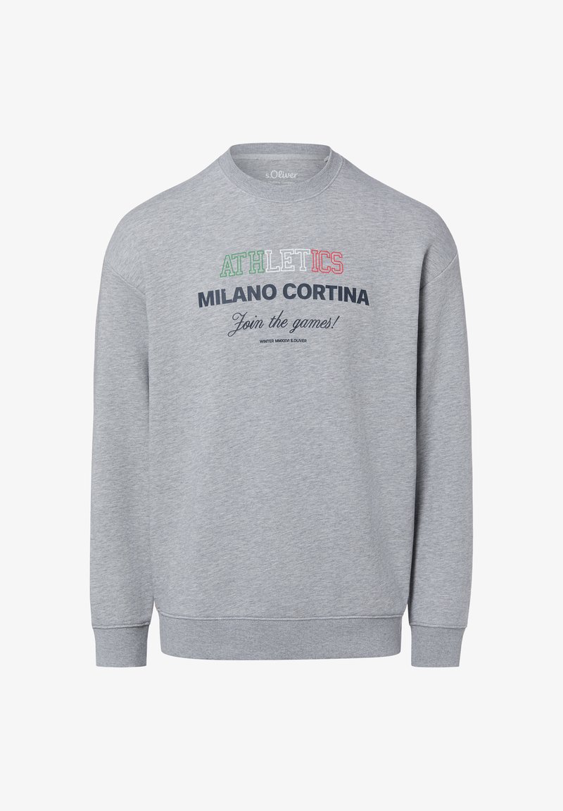 Sweat-shirt gris en mélange de coton, avec col rond, poignets et ourlet côtelés. Texte graphique sur le devant en rouge, vert et bleu marine.