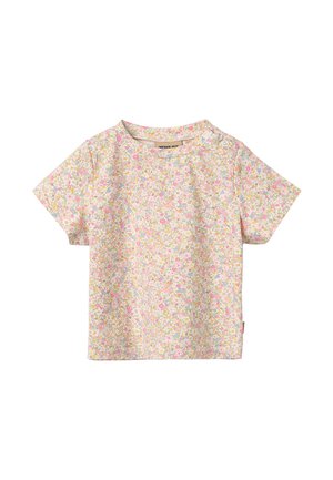 Kortermet babyskjorte med rosa, gul og blå blomsterprint og trykknapper på venstre skulder.