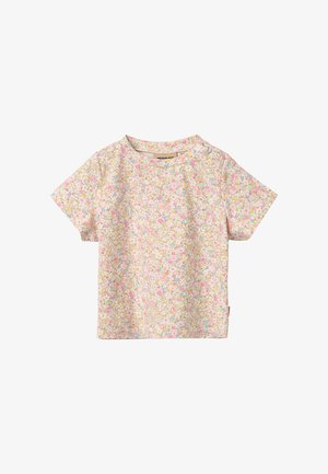 Kortærmet babybluse med pink, gul og blå blomsterprint og trykknapper på venstre skulder.