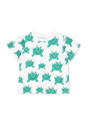 Biała koszulka z krótkim rękawem z powtarzającym się wzorem zielonych, bajkowych żab z uśmiechniętymi twarzami, zaokrąglonymi oczami i wyciągniętymi ramionami.