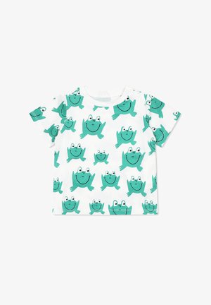 T-shirt bianco a maniche corte con una stampa ripetuta di rane cartone verdi con facce sorridenti, occhi arrotondati e braccia tese.