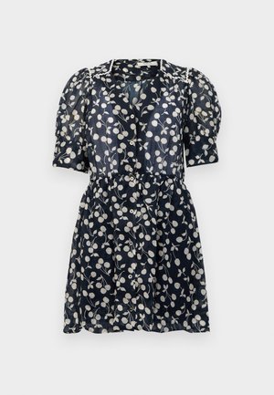 Vestido de azul marino oscuro hecho de tejido ligero, con un patrón floral blanco, mangas cortas abullonadas y un frente de botones con una cintura recogida.
