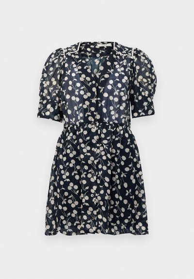 Rochie de un albastru închis, confecționată dintr-un material ușor, cu un model floral alb, mâneci scurte tip puff și un închidere cu nasturi în față, având talie gathered.