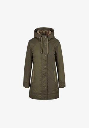 Oliwkowa parka z futrzanym wykończeniem, regulowanym kapturem, z przodu na zatrzaski oraz bocznymi kieszeniami z kontrastowym wykończeniem.