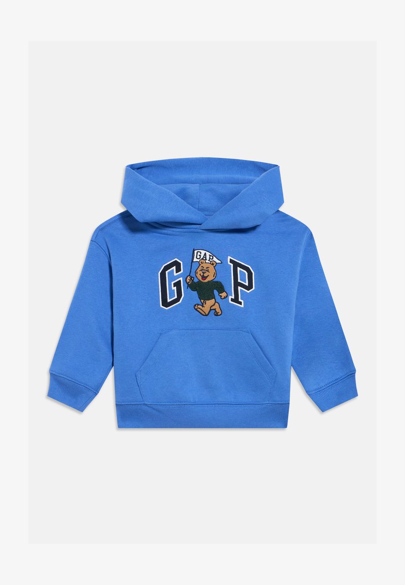 Felpa con cappuccio blu per bambini con tasca frontale, raffigurante un orso che tiene una bandiera tra le grandi lettere "G" e "P".