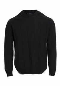 Pull noir en tricot avec un col rond, présentant des motifs verticaux en côtes et des poignets et un ourlet côtelés. Fabriqué à partir d'un tissu doux et texturé.