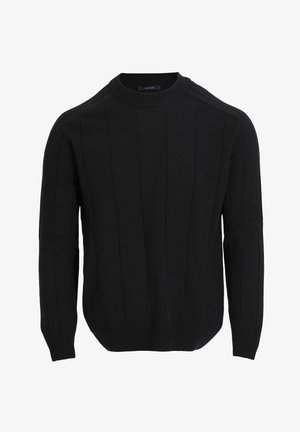 Pull noir en tricot avec un col rond, présentant des motifs verticaux en côtes et des poignets et un ourlet côtelés. Fabriqué à partir d'un tissu doux et texturé.