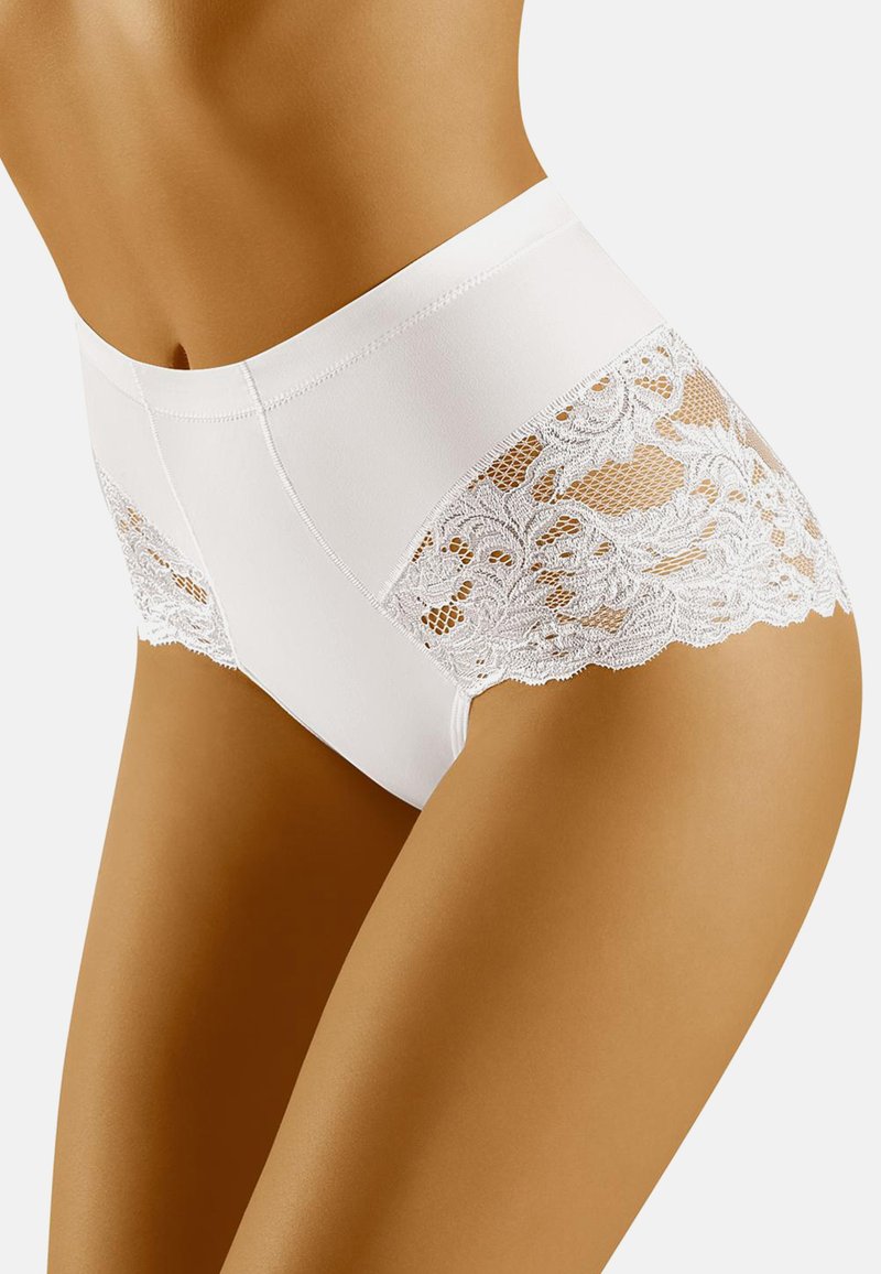 Mutande bianche a vita alta con dettagli in pizzo floreale sui lati, caratterizzate da una texture liscia e una vestibilità aderente attorno alla vita e ai fianchi.