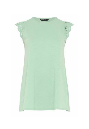 Blouse sans manches vert menthe avec col rond et détails en dentelle œillets festonnés sur les bords des épaules.