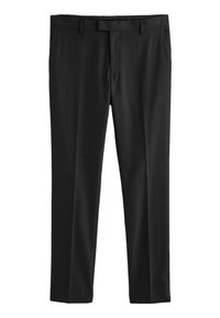 Čierne úzke formálne nohavice s pútkami na opasok a predným zipsom, navrhnuté pre prispôsobený, profesionálny vzhľad.