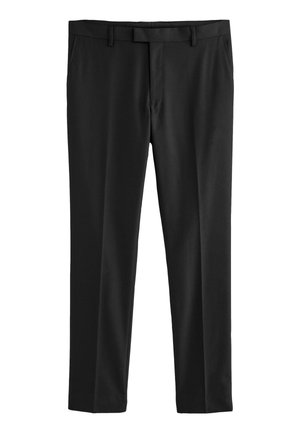 Pantaloni formali negri, slim fit, cu bucle pentru curea și fermoar frontal, concepuți pentru un aspect croitorit, profesional.