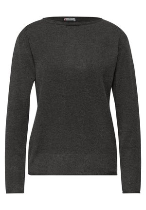 Dunkelgrauer Langarmpullover aus weichem, strukturiertem Stoff. Verfügt über einen rund ausgeschnittenen Kragen und eine figurbetonte Silhouette mit gerippten Details.